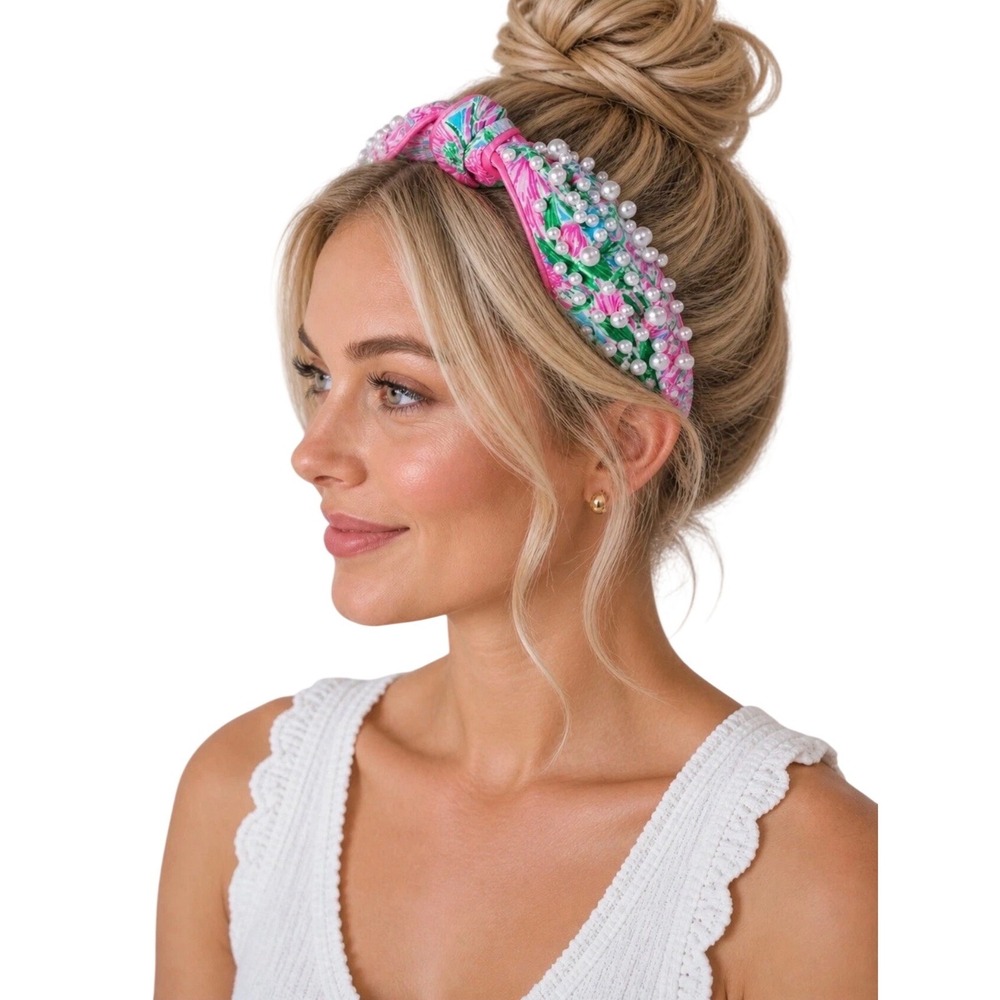 Lilly Pulitzer Coming In Hot Pearl Embellished Knotted Headband Pink Floral